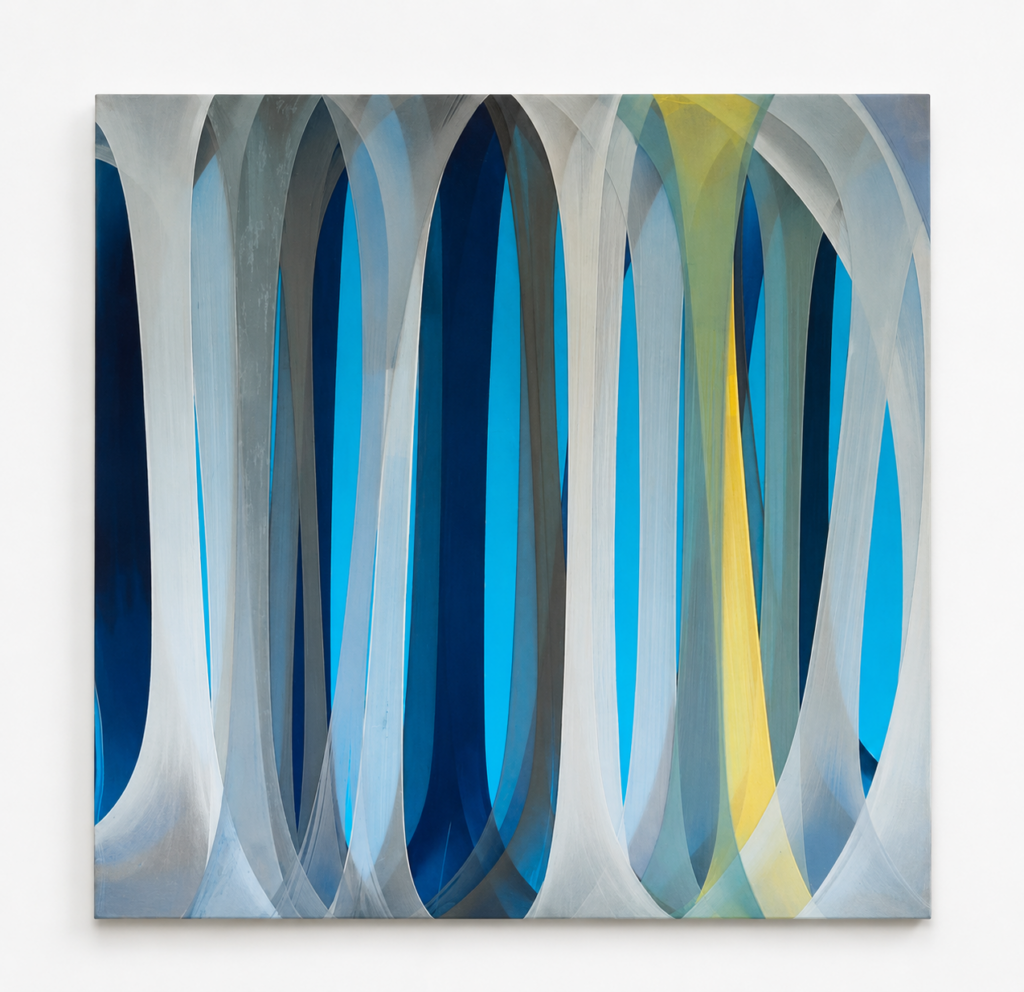 Will the sun set before I see your face, 2022, cotton, silk and nylon pantyhose on painted canvas, 120x120 cm