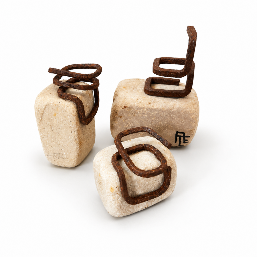 Cubismes & sablonneuse claire I & II & Brune 2025, corten steel, stone, 7 x 6 x 5 cm; 10 x 7 x 5 cm; 13 x 10 x 7 cm;