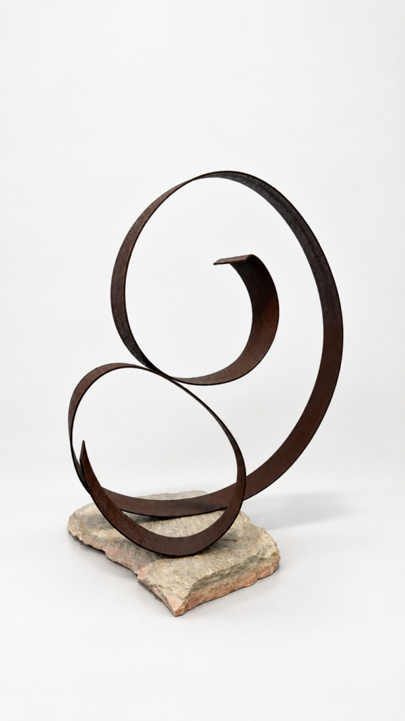 Spirale, 2026, corten steel, stone, 65 x 54 x 37 cm