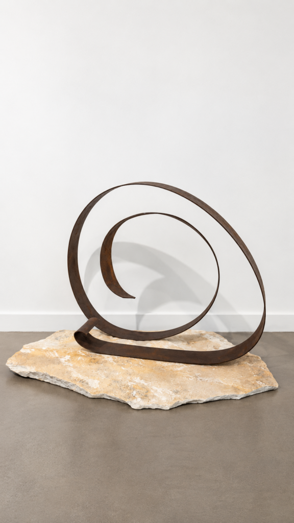 Spirale, 2026, corten steel, stone, 54 x 72 x 42 cm