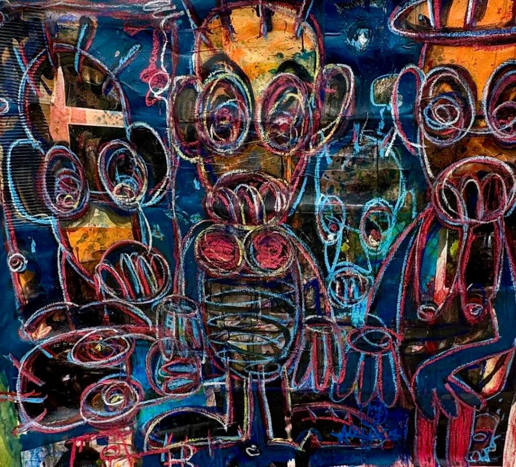 Untitled, mixed media, acrylic and oil pencils, 150× 150 cm