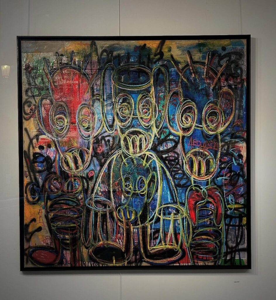 Untitled, mixed media, acrylic and oil pencils, 150× 150 cm