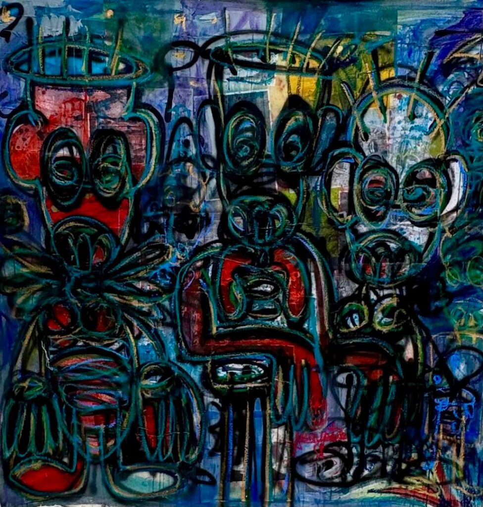 Untitled, mixed media, acrylic and oil pencils, 150× 150 cm