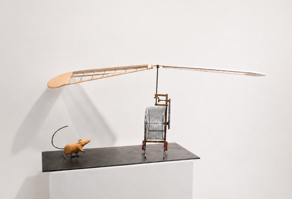 Mouse Helicopter, 2025, mixed media, 29 × 66 x 40 cm, base 29 x 66 cm; extended width 110 cm; height 40 cm