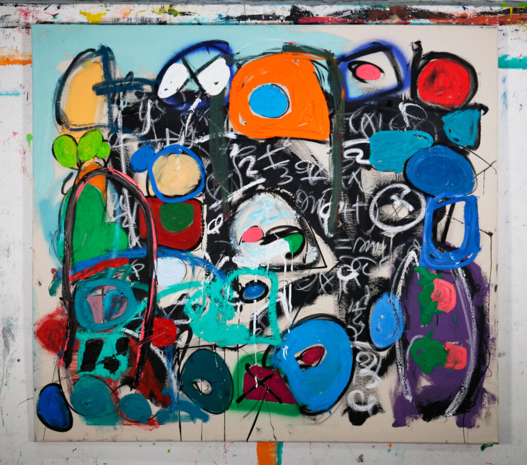 You can press fast forward, 2021, oil, acrylic and charcoal on canvas, 110 x 100 cm