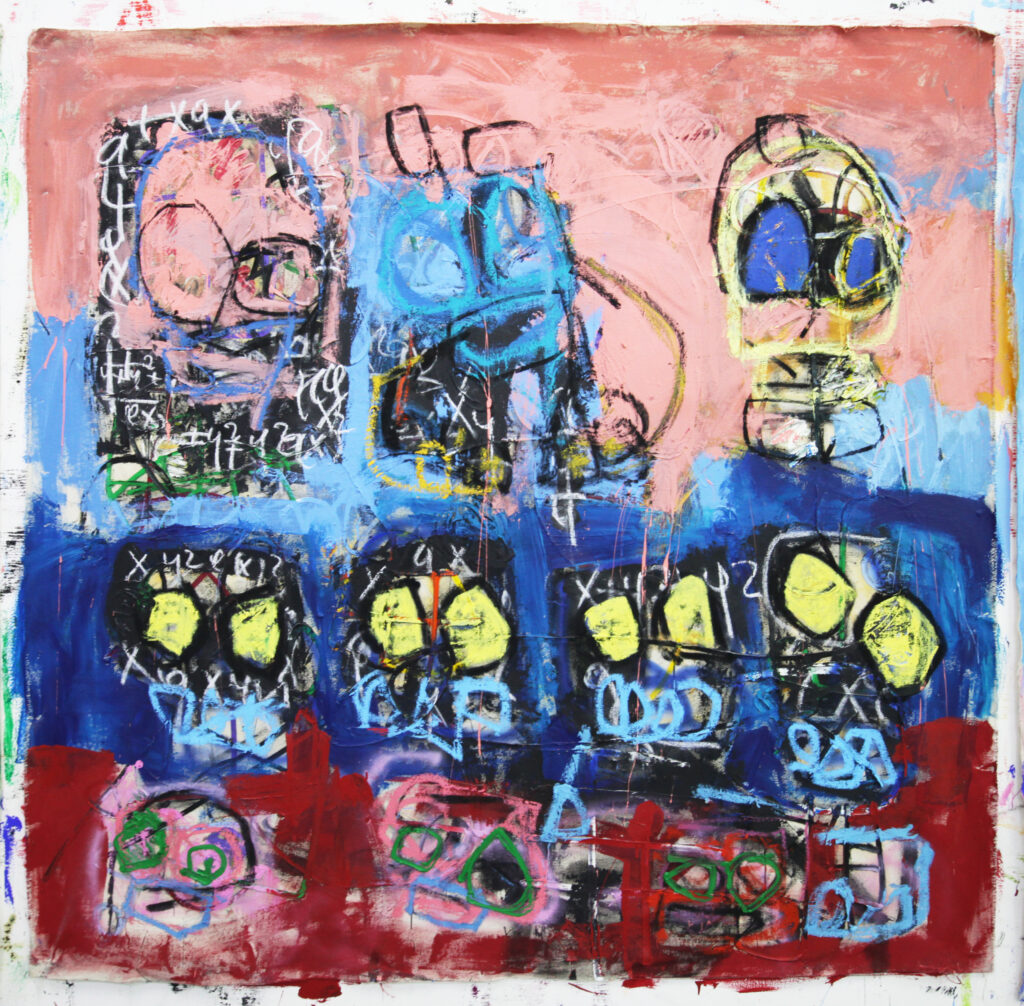 Banana bred slices, 2023, oil, acrylic and charcoal on canvas, 165 x 160 cm