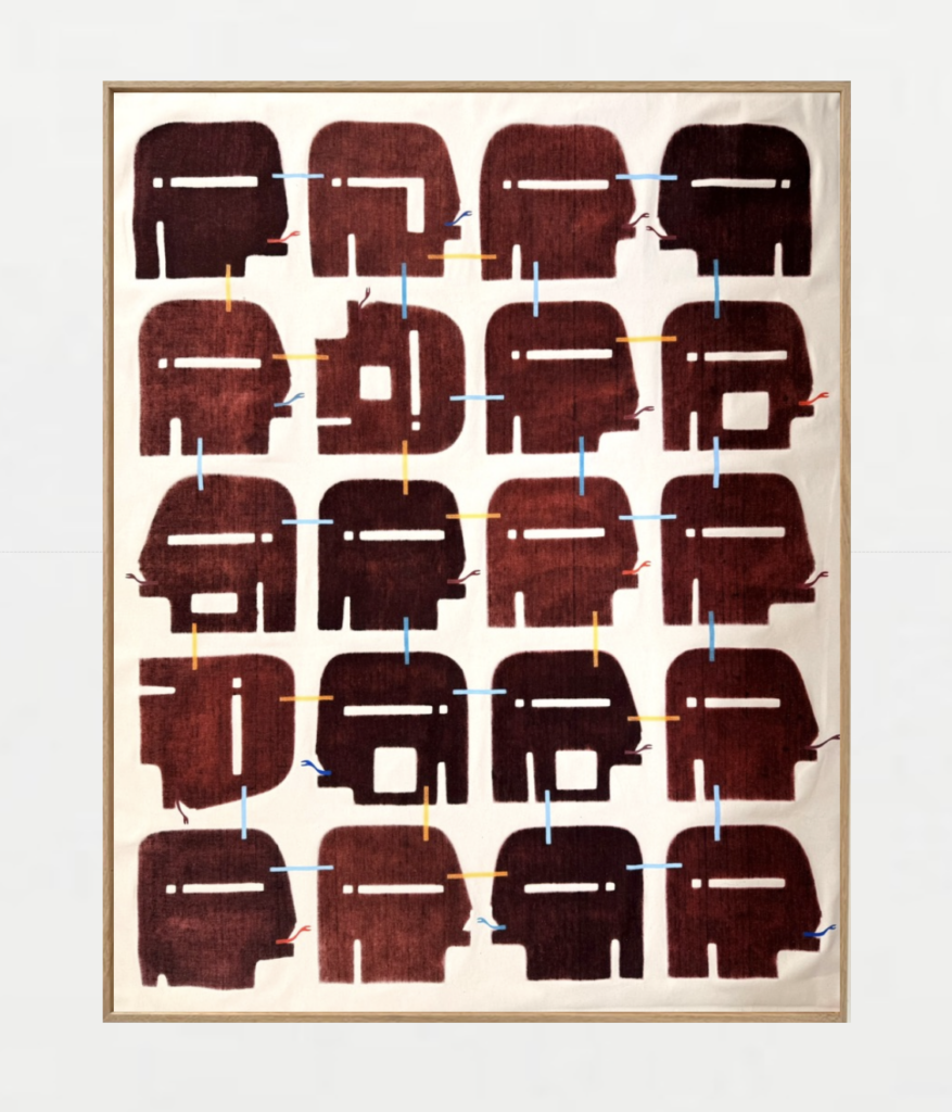 Human planning in red, 2026; Ink and pigments on canvas; Dimensions: 164 x 134 x 6 cm